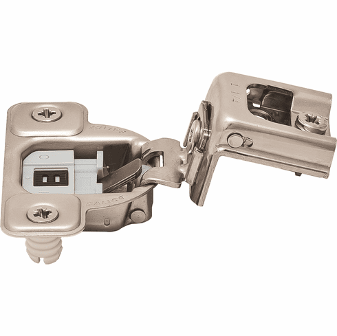 Hafele Concealed Hinge, Salice Excentra 2-Cam, 106 Opening Angle, Soft Close, 1 1/4" Overlay, Nickel-plated, press-fit, model CUR3AD9, Item# 343.61.523, 34361523, 343-61-523