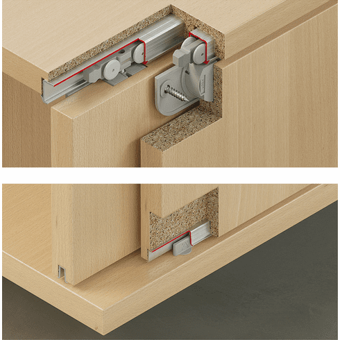 Hafele Sliding Door Hardware, Slido F-Line21 20C, set, for small doors, for wooden sliding doors, for door weight up to 20 kg, for 2 doors, with dual soft closing on each door, Item# 402.33.020, 40233020, 402-33-020