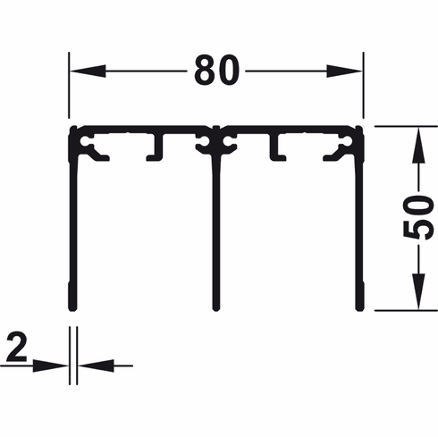 Hafele Double guide track, top, for screw fixing, height 50mm, pre-drilled, for Hafele Slido R-Aluflex 80A / 80W, silver coloured anodized (E6/EV1), length: 6,000mm, Item# 403.61.946, 40361946, 403-61-946