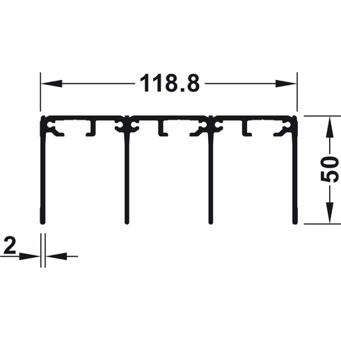 Hafele Triple top guide track, top, for screw fixing, height 50mm, pre-drilled, for Hafele Slido R-Aluflex 80A / 80W, silver coloured anodized (E6/EV1), length: Manufactured to size, Item# 403.62.946, 40362946, 403-62-946