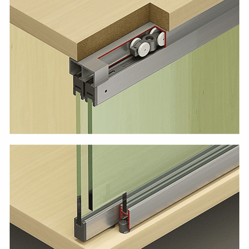 Hafele Sliding Door Hardware, Hawa Clipo 16 GPK IF, set, For 2 Doors, GPPK - Includes top and bottom glass fixing profile, Item# 405.82.291, 40582291, 405-82-291