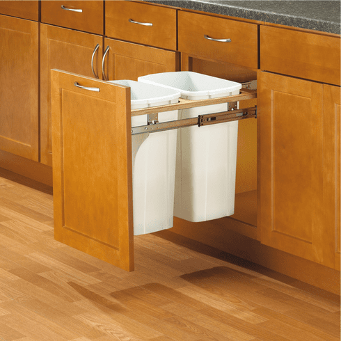 Hafele Waste Bin Pull-Out, KV Wood Frame Side Mount, Double, Depth is 22 1/2", (W x H) 445 x 445 mm, Item# 503.12.748, 50312748, 503-12-748