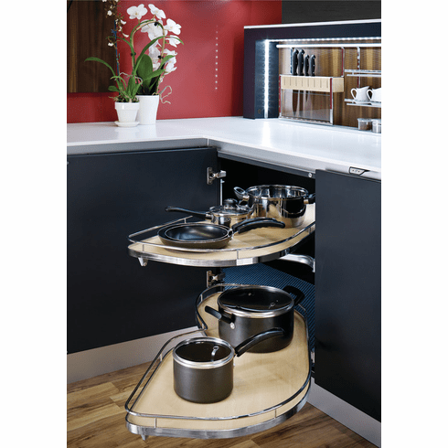 Hafele LeMans II Set, for Blind Corner Cabinets, with soft closing and self closing mechanisms, with non-slip effect, Swings left, champagne/maple, 2 x 40 shape trays, Item# 541.32.441, 54132441, 541-32-441