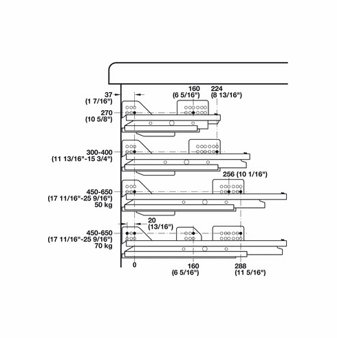 Hafele Drawer side runner system, Hafele Matrix Box P50, drawer side height (3 5/8") 92mm, load bearing capacity (110 lbs) 50 kg, Load bearing capacity 50 kg, Hafele Matrix Box P50 drawer set, drawer side height 92mm, Champagne, Length: 650mm (25 9/16"), Item# 551.54.828, 55154828, 551-54-828