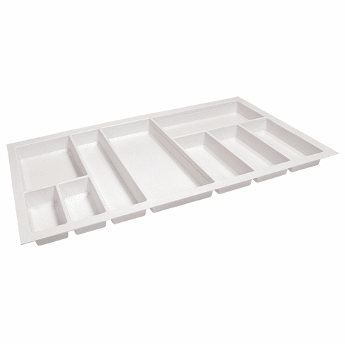 Hafele Sky Cutlery Tray, for 21" and 21 11/16" Deep Drawer, Plastic, textured white; trimmable width: 810 - 850 mm (31 7/8 - 33 7/16"), Item# 556.55.769, 55655769, 556-55-769