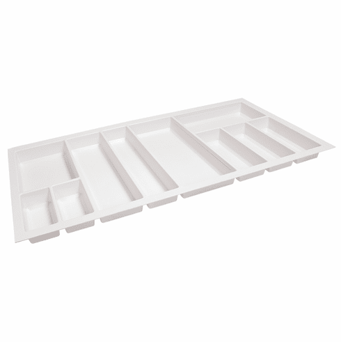 Hafele Sky Cutlery Tray, for 21" and 21 11/16" Deep Drawer, Plastic, textured white; trimmable width: 910 - 950 mm (35 13/16 - 37 3/8"), Item# 556.55.770, 55655770, 556-55-770