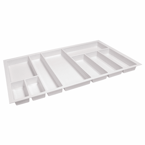 Hafele Sky Cutlery Tray, for 21" and 21 11/16" Deep Drawer, Plastic, textured white; trimmable width: 810 - 850 mm (31 7/8 - 33 7/16"), Item# 556.55.789, 55655789, 556-55-789