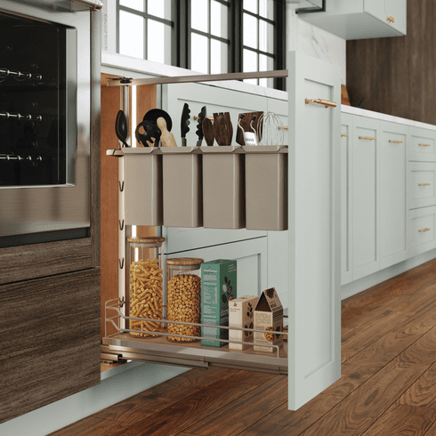 Hafele Base Pull-Out Utility Kit, Dispensa, 6" width, champagne, Item# 595.98.992, 59598992, 595-98-992