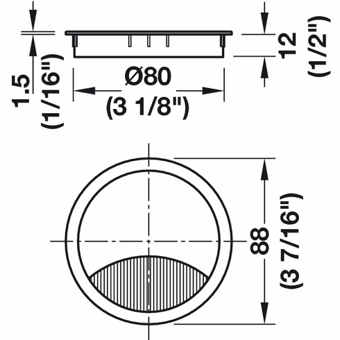 Hafele Metal Cable Grommet, Two-piece, Round, Zinc alloy, with locking mechanism of the lid, height 12 mm, for workplace organization, black, drill hole Diameter:: 80 mm, Item# 631.31.304, 63131304, 631-31-304