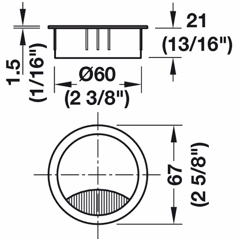 Hafele Metal Cable Grommet, Two-piece, Round, Zinc alloy, with locking mechanism of the lid, height 21 mm, for workplace organization, Matt chrome plated, drill hole Diameter:: 60 mm, Item# 631.31.412, 63131412, 631-31-412