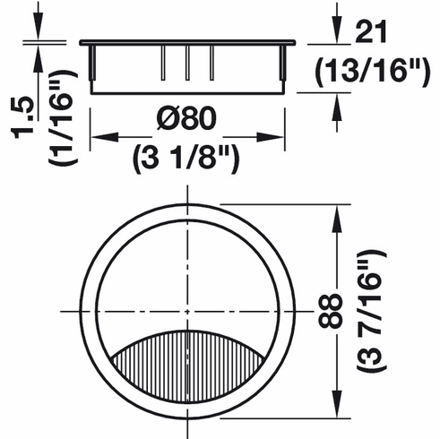 Hafele Metal Cable Grommet, Two-piece, Round, Zinc alloy, with locking mechanism of the lid, height 21 mm, for workplace organization, Matt chrome plated, drill hole Diameter:: 80 mm, Item# 631.31.414, 63131414, 631-31-414