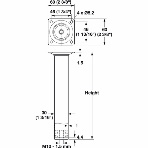 Hafele Mini Table Leg, 30 mm, Black semi-gloss, 500 mm (19 3/4"), Item# 635.48.350, 63548350, 635-48-350