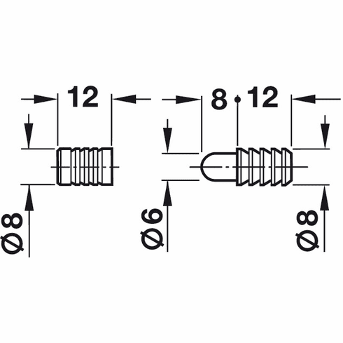 Hafele Peg and Sleeve Connector, Steel, Press-fits into Ø 8 mm hole, Yellow chromatized, Item# 642.51.243, 64251243, 642-51-243