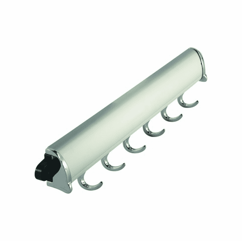 Hafele Fixed Accessory Rack, TAG Synergy Elite Collection, 6 Hook, 15 1/4", Matt aluminum with chrome hooks and end caps, Item# 807.67.483, 80767483, 807-67-483