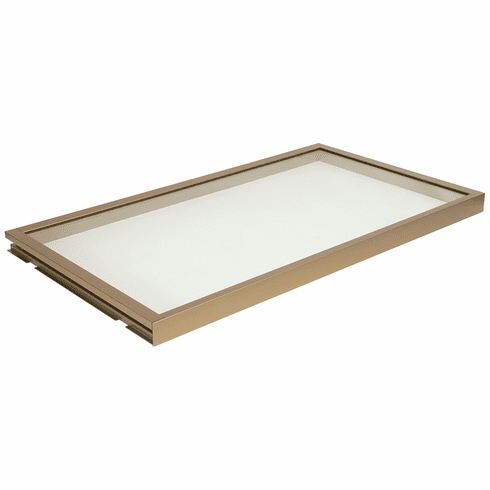 Hafele Shelf, TAG Illuminated Glass Shelf, Matt gold; 18" width; 13 3/4" depth; Cool white, Item# 807.76.810, 80776810, 807-76-810