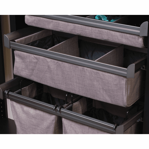 Hafele Divided Deep Drawer, TAG ENGAGE, Matt aluminum with slate fabric, 30" width, Item# 807.77.023, 80777023, 807-77-023