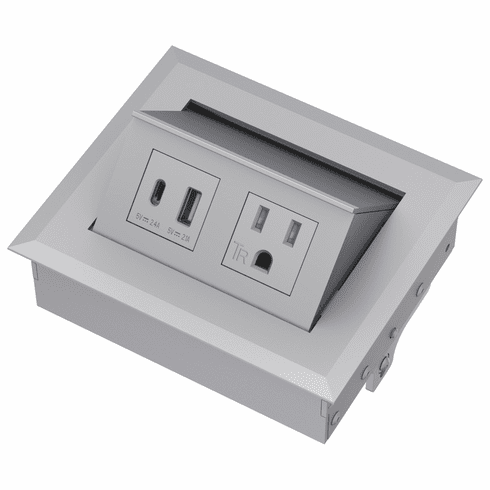 Hafele Hide-A-Dock Power/Data Station, 1 Grounded AC Outlet, 1 USB-A Port and 1 USB-C port, Aluminum housing, silver, Item# 822.09.404, 82209404, 822-09-404