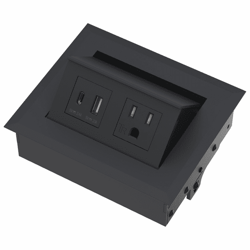 Hafele Hide-A-Dock Power/Data Station, 1 Grounded AC Outlet, 1 USB-A Port and 1 USB-C port, Aluminum housing, black, Item# 822.09.405, 82209405, 822-09-405