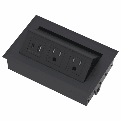 Hafele Hide-A-Dock Power/Data Station, 2 AC Outlets, 2 USB Ports, Aluminum housing, black, Item# 822.09.406, 82209406, 822-09-406