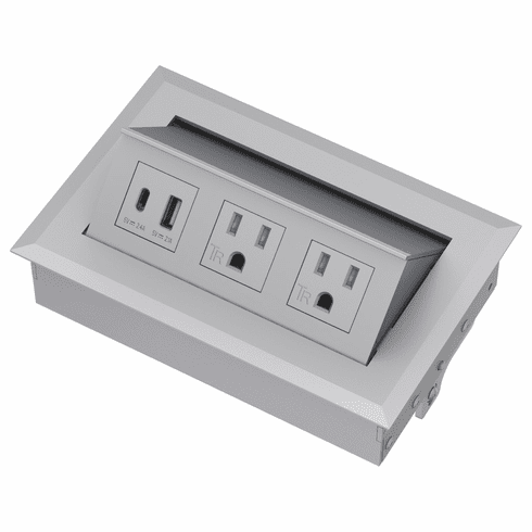 Hafele Hide-A-Dock Power/Data Station, 2 AC Outlets, 2 USB Ports, Aluminum housing, silver, Item# 822.09.407, 82209407, 822-09-407