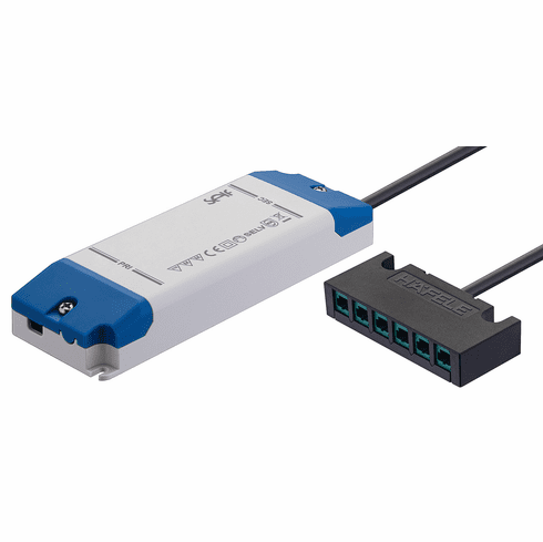 Hafele Dimmable driver, Dimmable with leading-edge phase dimmer or trailing-edge phase dimmer, With 6-way distributor, dimmable with leading edge control or trailing edge control dimmer, 30 W, US version, mains voltage: 120 V, dim. (L x W x H): 188 x 45 x 29 mm, Item# 833.77.977, 83377977, 833-77-977