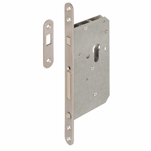 Hafele Mortise lock, for sliding doors, with compass bolt, profile cylinder, Forend width 20 mm, for residential areas, Stainless steel, matt plates, Item# 911.26.350, 91126350, 911-26-350