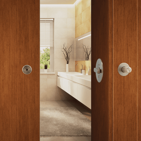 Hafele BL100 Privacy Lock, for Sliding Barn Door, Rectangular trim, ADA T2 thumb-turn, matt stainless steel, 2 1/4" lock backset, Item# 911.27.092, 91127092, 911-27-092