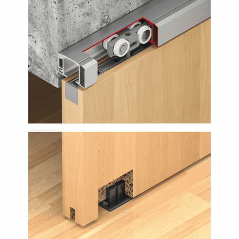Hafele Sliding Door Hardware, Slido D-Line11 50I, set without running track, For 1-leaf wooden sliding doors, ceiling and wall installation, door leaves height-adjustable, for door leaf weights up to 50 kg, With soft and self closing mechanism on both sides, door width ?744 mm, Item# 940.44.007, 94044007, 940-44-007
