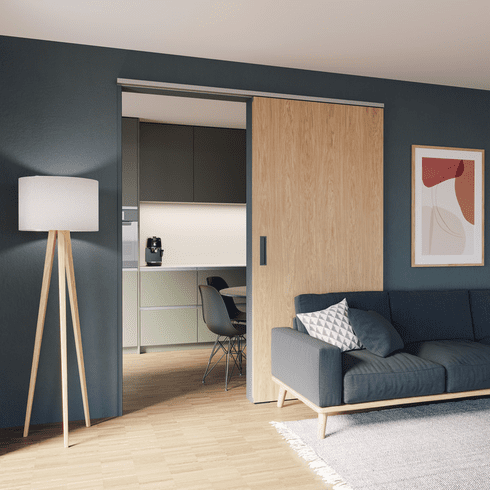 Hafele Sliding Door Hardware, Hawa Porta 60/100 HMD Acoustics/Hawa Porta 60/100 HMT Pocket Acoustics, set, for 1-leaf wooden sliding doors, for sound-insulating and thermally separating door systems, height-adjustable, without damping, with SoftStop on one side, Without clip-on fascia, length: 2000 mm, Door weight ?60 kg, aluminum, silver colored, Item# 940.60.076, 94060076, 940-60-076