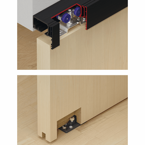 Hafele Sliding door fitting, Hawa Porta 60/100 HC Set, for 1 and 2-leaf wooden sliding doors, ceiling and wall installation, soft and self closing mechanism (optional), height adjustable doors, for door weights up to 60/100 kg, Door thickness 30-45 mm, Door weight ?60 kg, Black, Item# 940.60.134, 94060134, 940-60-134