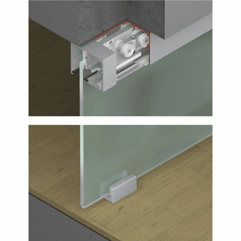 Hafele Sliding door fitting, Hawa Porta 100 GW/GWF, set, for 1-leaf glass sliding doors, surface mounted or flush fitted in ceiling, for door weight up to 100 kg, Clear anodized, Item# 941.00.005, 94100005, 941-00-005