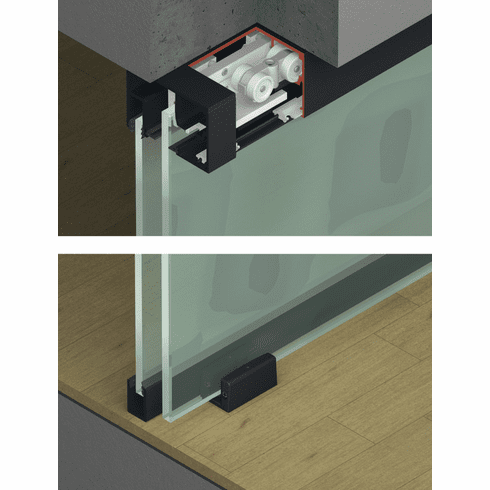 Hafele Sliding door fitting, Hawa Porta 100 GW/GWF, set, for 1-leaf glass sliding doors, surface mounted or flush fitted in ceiling, for door weight up to 100 kg, Black anodized, Item# 941.00.053, 94100053, 941-00-053