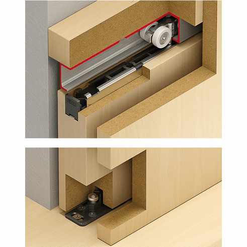Hafele Sliding Door Hardware, Hawa Porta 100 HMT, For 1-leaf wooden sliding doors, ceiling installation, installation in wall pocket, door height adjustable, for door weight up to 60/100 kg, Without upper track, door weight ?100 kg, Item# 941.00.117, 94100117, 941-00-117