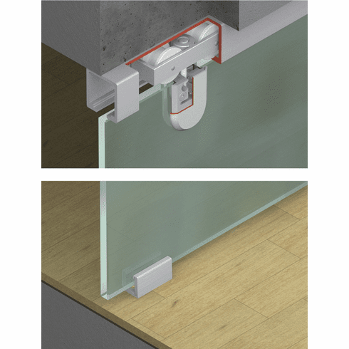 Hafele Sliding Door Fitting, Hawa Junior 120/GP, set, for 1-leaf glass sliding doors, ceiling installation, height adjustable, low installation height, for door weight up to 120 kg, without running track, floor guide and cover caps, Item# 941.20.010, 94120010, 941-20-010