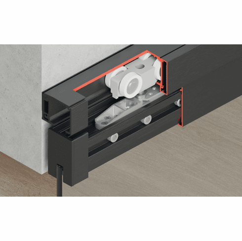 Hafele Sliding door fitting, Slido D-Line11 120L, set without running track, For 1-leaf glass sliding doors, for door weight 120 kg, without soft and self closing mechanism, Running gear with axle bearing, Track buffer with retaining spring, door width: ?500 mm, Item# 941.25.014, 94125014, 941-25-014