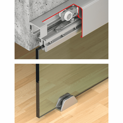 Hafele Sliding door fitting, Slido D-Line11 120L, set without running track, For 1-leaf glass sliding doors, for door weight 120 kg, With soft and self closing mechanism on one side, Running gear with axle bearing, Track buffer with retaining spring, door width: ?579 mm, Item# 941.25.015, 94125015, 941-25-015