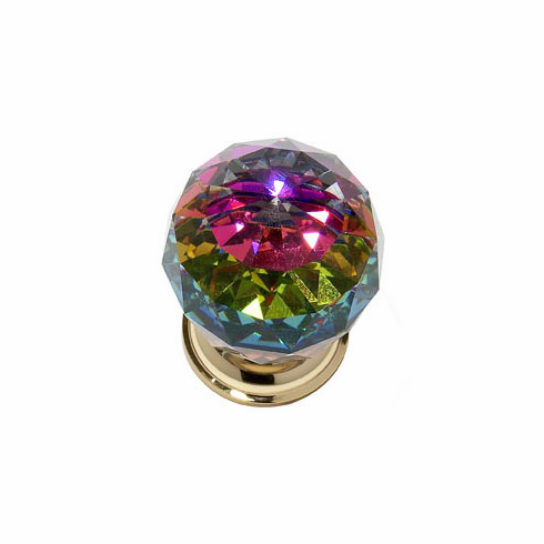 JVJ 36424 Pure Elegance Collection 24K Gold Plated Finish 40 mm (1-9/16") Round Faceted 31% Leaded Crystal Knob With Prism, Leaded Crystal and Solid Brass