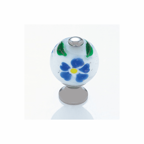 JVJ 44014 Murano Collection Polished Nickel Finish 30 mm White w/Blue Flowers Round Glass Knob, Glass and Solid Brass