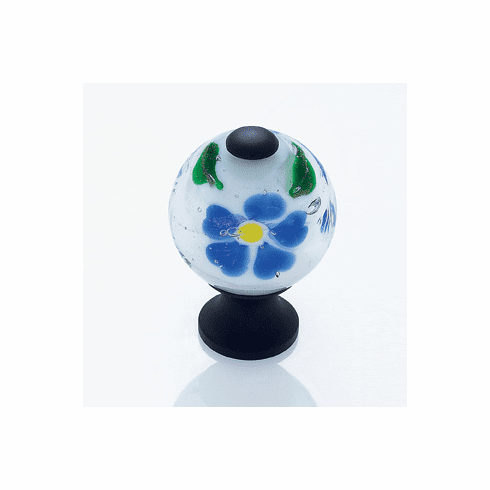 JVJ 44020 Murano Collection Oil Rubbed Bronze Finish 30 mm White w/Blue Flowers Round Glass Knob, Glass and Solid Brass