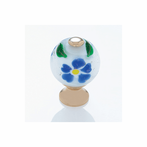 JVJ 44024 Murano Collection 24k Gold Plated Finish 30 mm White w/Blue Flowers Round Glass Knob, Glass and Solid Brass