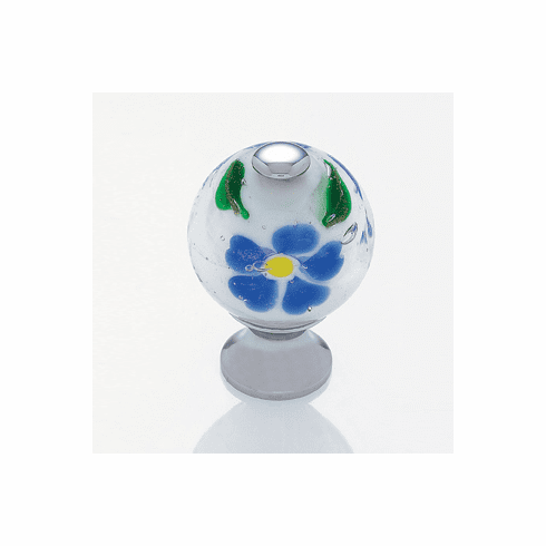 JVJ 44026 Murano Collection Polished Chrome Finish 30 mm White w/Blue Flowers Round Glass Knob, Glass and Solid Brass