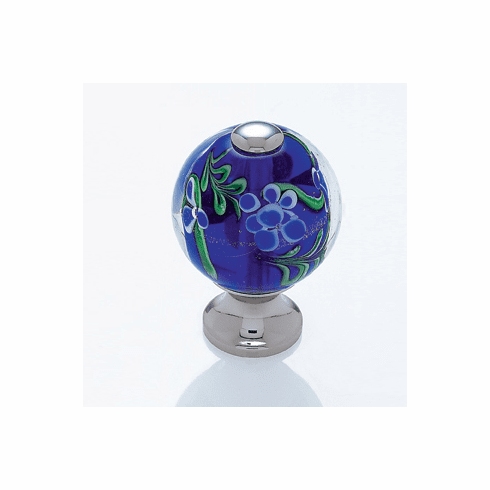 JVJ 45714 Murano Collection Polished Nickel Finish 30 mm Blue Flowers Round Glass Knob, Glass and Solid Brass