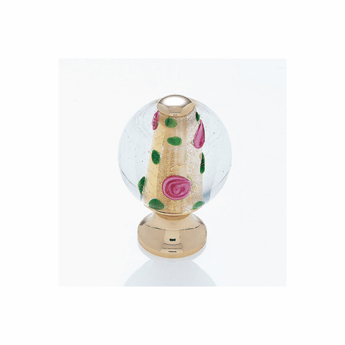 JVJ 47124 Murano Collection 24K Gold Plated Finish 30 mm Clear w/Yellow, Purple and Green Round Glass Knob, Glass and Solid Brass