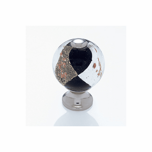 JVJ 49814 Murano Collection Polished Nickel Finish 30 mm Black w/Gold and Silver Round Glass Knob, Glass and Solid Brass