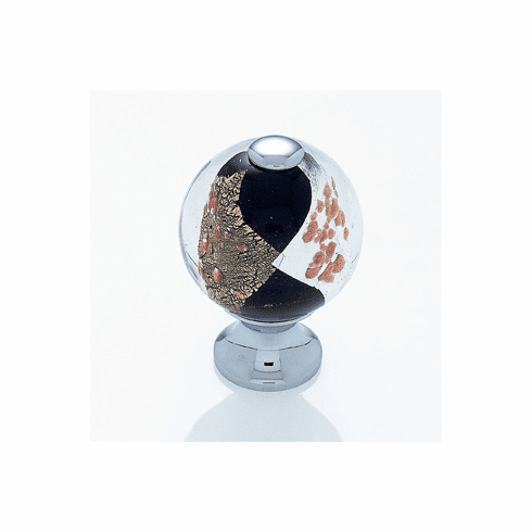 JVJ 49826 Murano Collection Polished Chrome Finish 30 mm Black w/Gold and Silver Round Glass Knob, Glass and Solid Brass