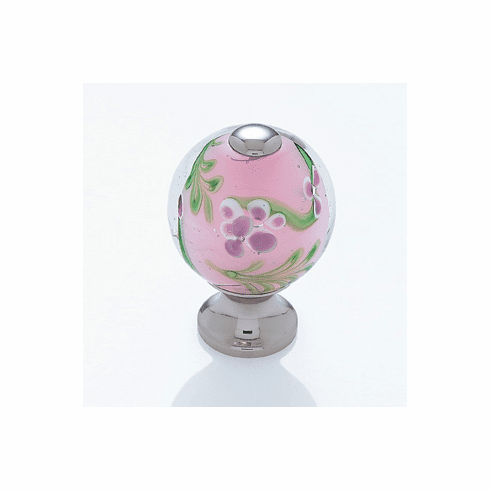 JVJ 49914 Murano Collection Polished Nickel Finish 30 mm Clear w/Purple Flowers Round Glass Knob, Glass and Solid Brass