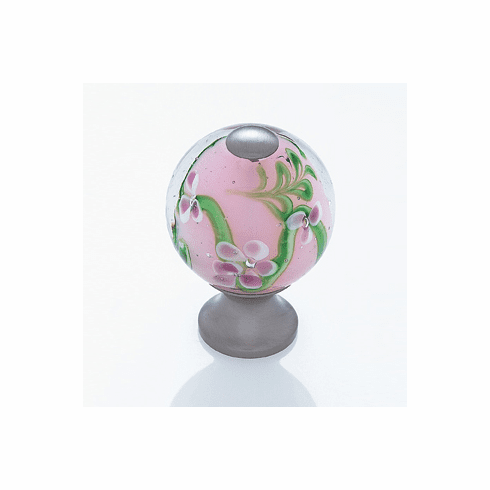JVJ 49946 Murano Collection Satin Nickel Finish 30 mm Clear w/Purple Flowers Round Glass Knob, Glass and Solid Brass