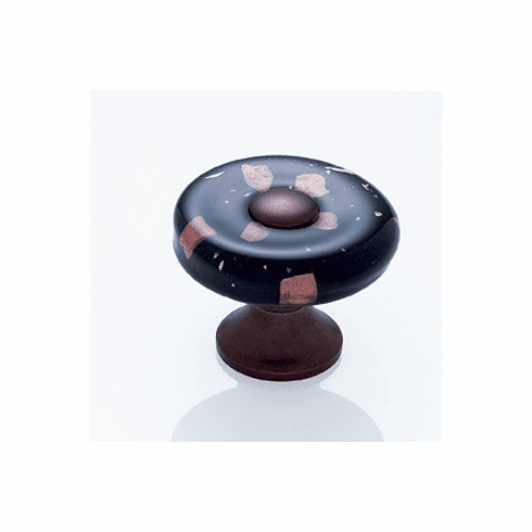 JVJ 50012 Murano Collection Old World Bronze Finish 35 mm Black w/Copper Flecks Flat Round Glass Knob, Glass and Solid Brass