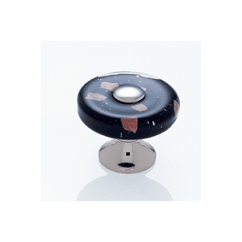 JVJ 50014 Murano Collection Polished Nickel Finish 35 mm Black w/Copper Flecks Flat Round Glass Knob, Glass and Solid Brass