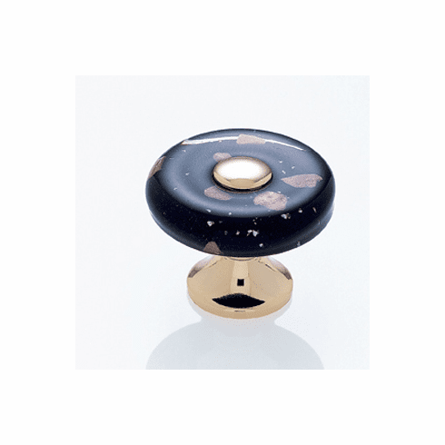 JVJ 50024 Murano Collection 24K Gold Plated Finish 35 mm Black w/Copper Flecks Flat Round Glass Knob, Glass and Solid Brass